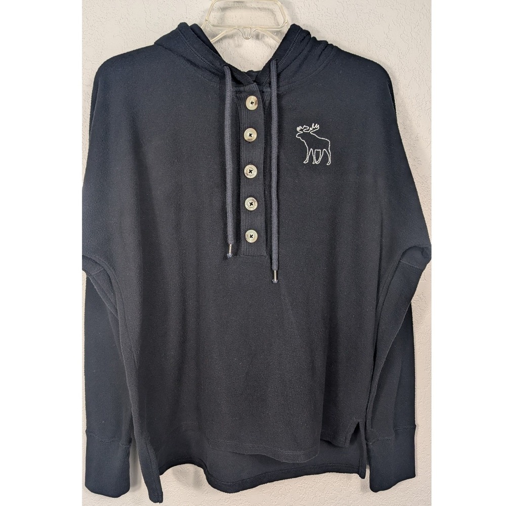 Abercrombie & Fitch Henley Hoodie Black Embroidered Moose Logo Large Y2K